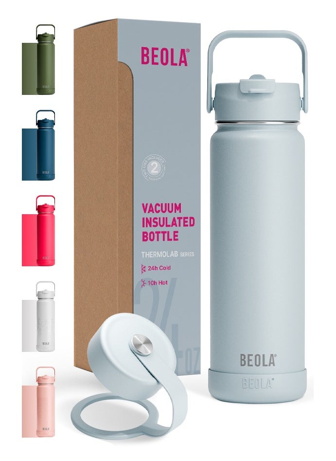 BEOLA 750ml Water Bottle 18/8 Stainless Steel 304 Double Wall Insulated Thermos Bottle with Straw Lid and wide mouth, 2 lids included, Hot Cold Liquids Sports Bottle, 24oz (Ice Blue)  - Image 1