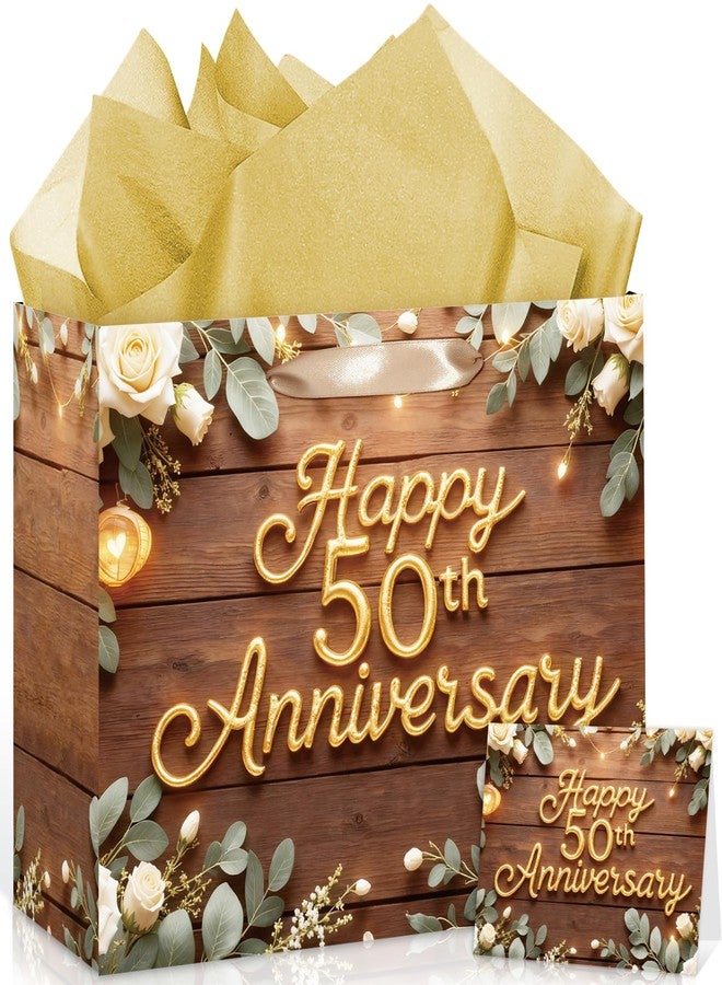 Wayyogh 50th Anniversary Paper Bag Floral 50th Wedding Anniversary Birthday Gift Bag with Wrapping Tissue Paper and Greeting Card for Men Women Golden Wedding Birthday Party Supplies Decor - Image 1
