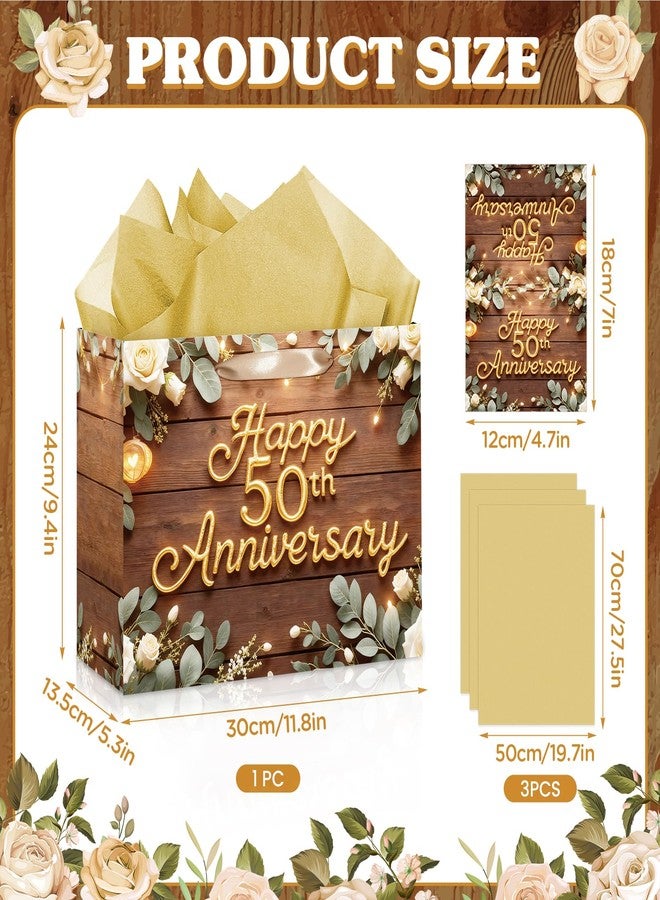 Wayyogh 50th Anniversary Paper Bag Floral 50th Wedding Anniversary Birthday Gift Bag with Wrapping Tissue Paper and Greeting Card for Men Women Golden Wedding Birthday Party Supplies Decor - Image 2