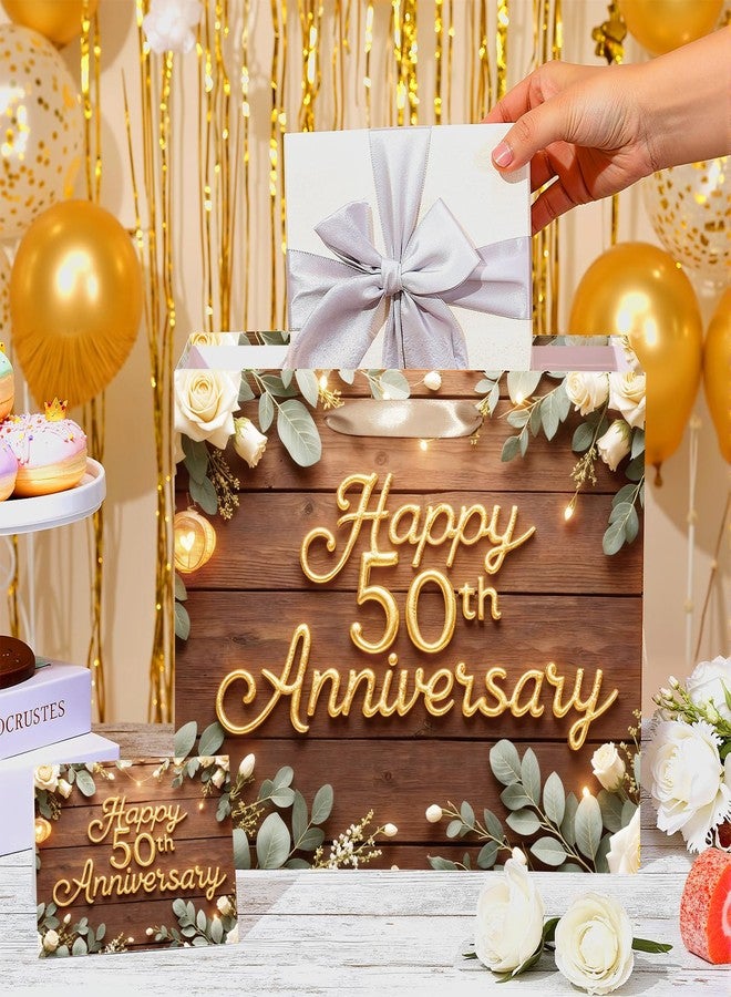 Wayyogh 50th Anniversary Paper Bag Floral 50th Wedding Anniversary Birthday Gift Bag with Wrapping Tissue Paper and Greeting Card for Men Women Golden Wedding Birthday Party Supplies Decor - Image 3