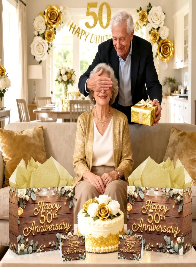 Wayyogh 50th Anniversary Paper Bag Floral 50th Wedding Anniversary Birthday Gift Bag with Wrapping Tissue Paper and Greeting Card for Men Women Golden Wedding Birthday Party Supplies Decor - Image 4