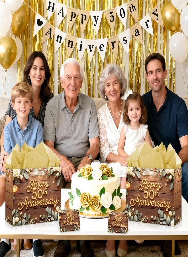 Wayyogh 50th Anniversary Paper Bag Floral 50th Wedding Anniversary Birthday Gift Bag with Wrapping Tissue Paper and Greeting Card for Men Women Golden Wedding Birthday Party Supplies Decor - Image 5