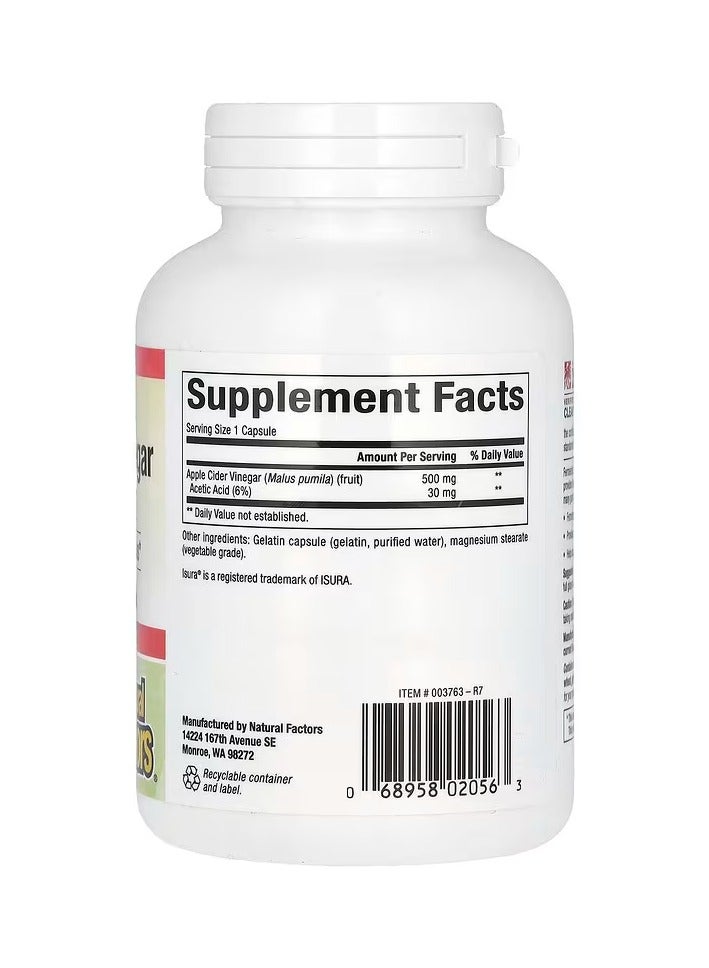 natural Factors Fermented Apple Cider Vinegar, 500 mg, 180 Easy to Swallow Capsules - Image 2