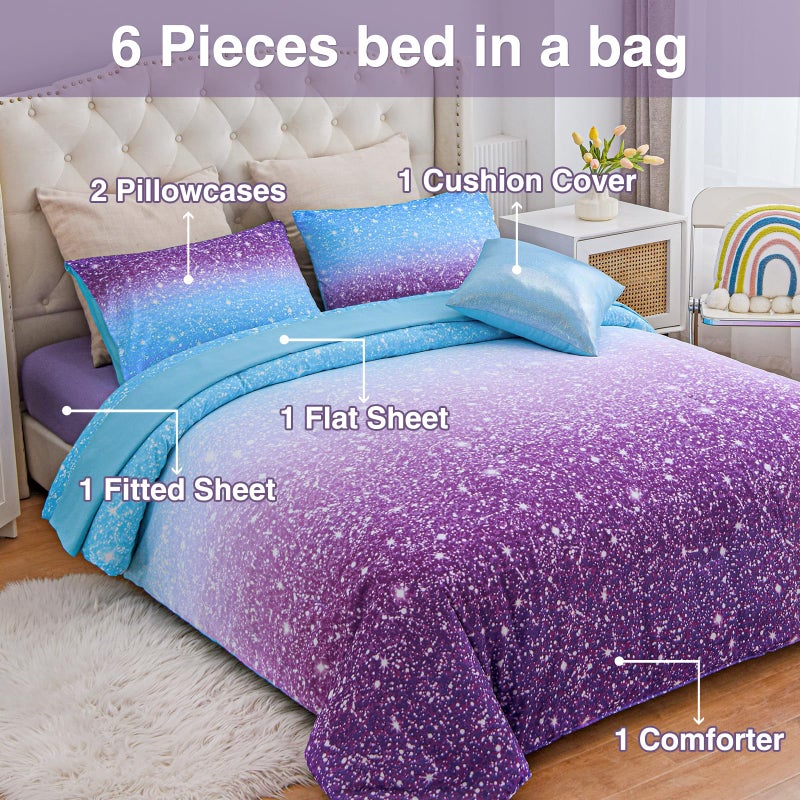 A Nice Night Girls Comforter Set Twin Size 6 Piece Bed in A Bag 3D Colorful Sparkle Galaxy Rainbow Bedding Comforter Sheet Sets for Kids,BluePurple - Image 5