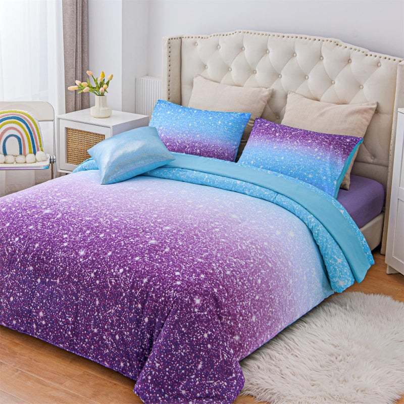 A Nice Night Girls Comforter Set Twin Size 6 Piece Bed in A Bag 3D Colorful Sparkle Galaxy Rainbow Bedding Comforter Sheet Sets for Kids,BluePurple - Image 2