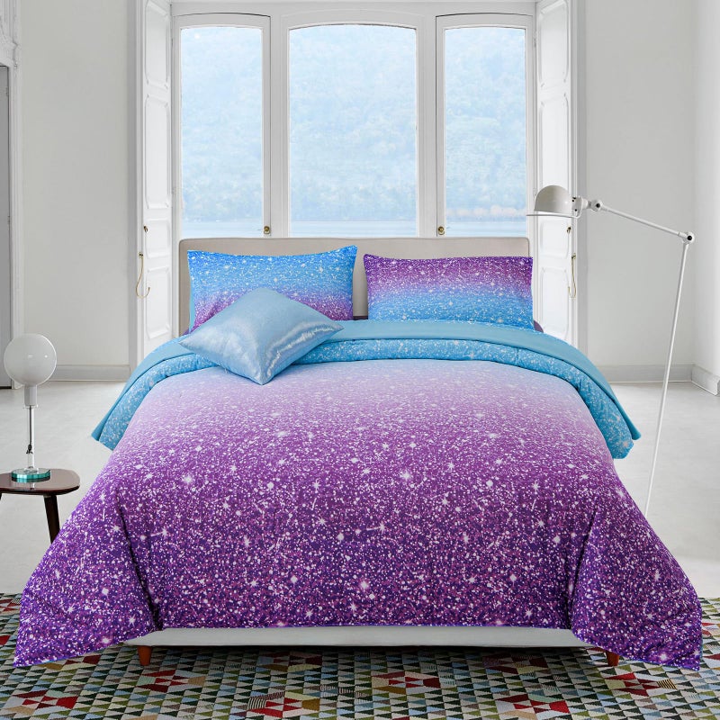 A Nice Night Girls Comforter Set Twin Size 6 Piece Bed in A Bag 3D Colorful Sparkle Galaxy Rainbow Bedding Comforter Sheet Sets for Kids,BluePurple - Image 1