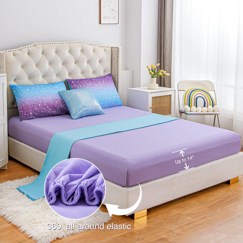 A Nice Night Girls Comforter Set Twin Size 6 Piece Bed in A Bag 3D Colorful Sparkle Galaxy Rainbow Bedding Comforter Sheet Sets for Kids,BluePurple - Image 3