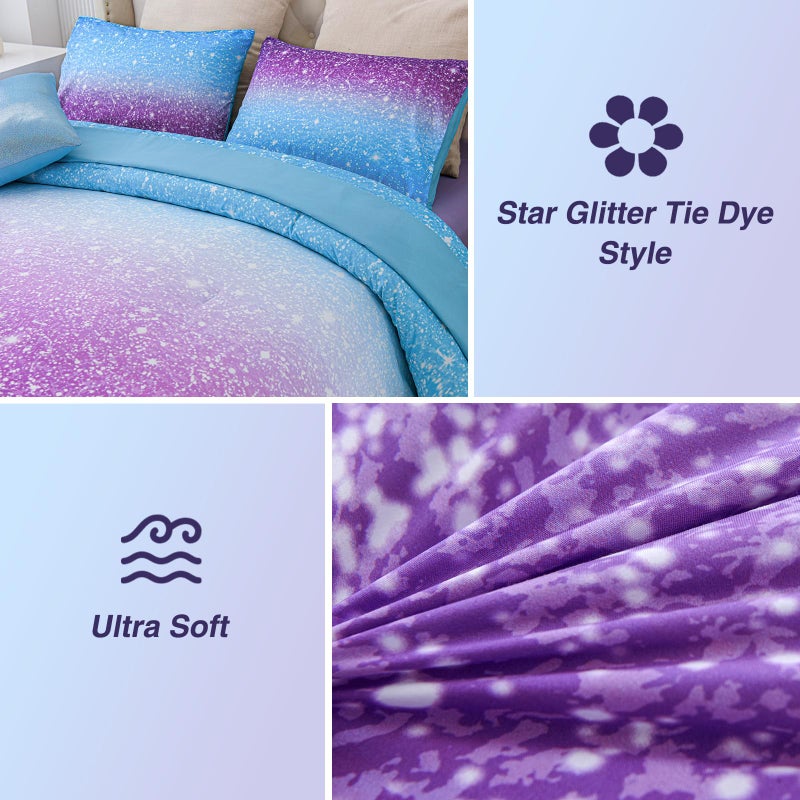 A Nice Night Girls Comforter Set Twin Size 6 Piece Bed in A Bag 3D Colorful Sparkle Galaxy Rainbow Bedding Comforter Sheet Sets for Kids,BluePurple - Image 4