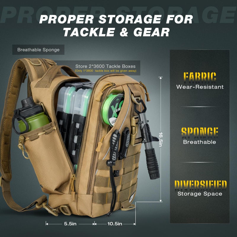 Ghosthorn Fishing Backpack with Tackle Boxes, Fish Pliers, Fish Lip Gripper, Lures, Waterproof Tackle Bag with Rod Holder, Fishing Gear Sling Bag Gift For Men Women Anglers (Khaki) - Image 5