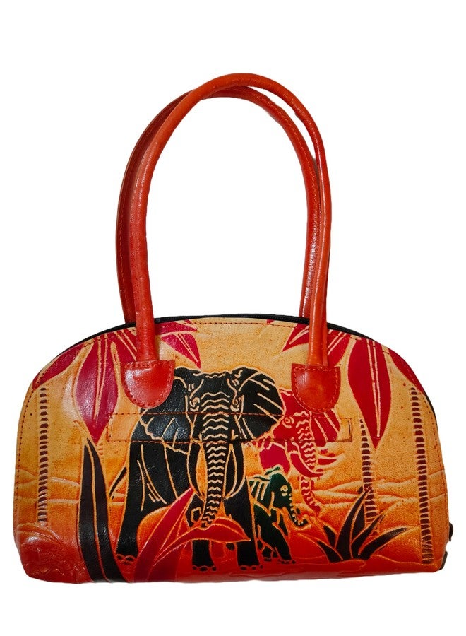 CLASSIQUE Shantiniketan Pure Leather Traditional Printed Handbag Purse for Women Batua Safari Elephant - Image 1