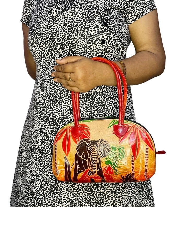 CLASSIQUE Shantiniketan Pure Leather Traditional Printed Handbag Purse for Women Batua Safari Elephant - Image 3
