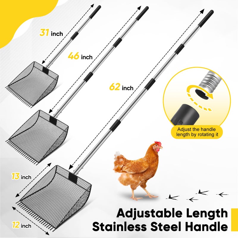 CAROD Upgraded 12-inch Chicken Poop Scooper Rake, Durable Metal Poop Scoop for Chicken with 24 to 68" Adjustable Stainless Steel Handle, Litter Scooper for Sand Sifting Shovel for Animals House - Image 3