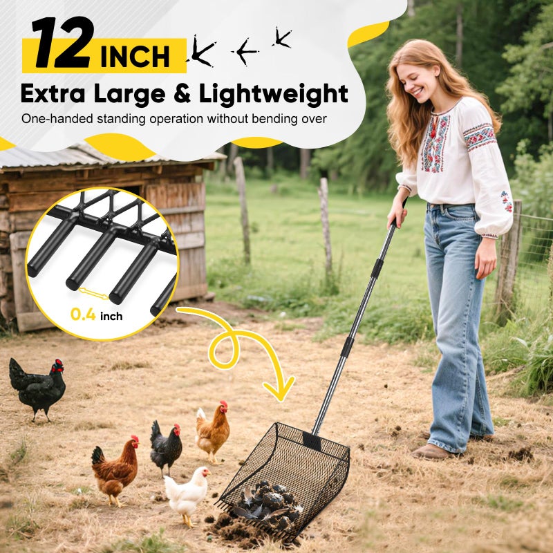 CAROD Upgraded 12-inch Chicken Poop Scooper Rake, Durable Metal Poop Scoop for Chicken with 24 to 68" Adjustable Stainless Steel Handle, Litter Scooper for Sand Sifting Shovel for Animals House - Image 2