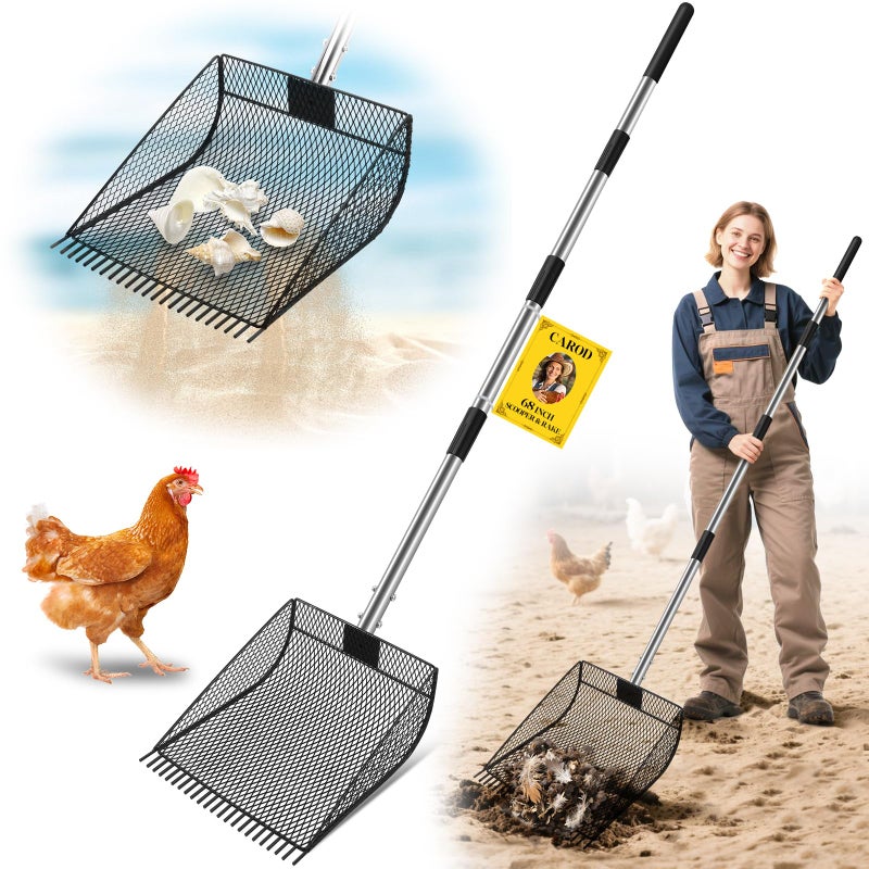CAROD Upgraded 12-inch Chicken Poop Scooper Rake, Durable Metal Poop Scoop for Chicken with 24 to 68" Adjustable Stainless Steel Handle, Litter Scooper for Sand Sifting Shovel for Animals House - Image 1