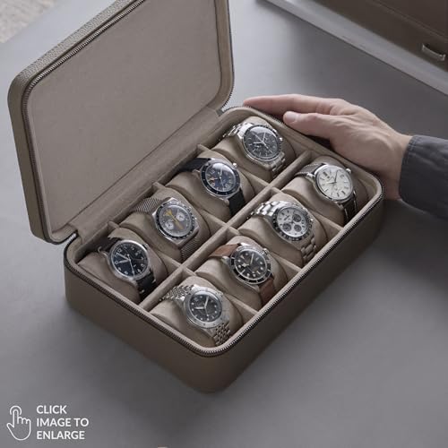 TAWBURY Watch Case 8 Slot Genuine TopGrain Leather Watch Box for Men Women with Extra Wide Pillows for Large Watches Portable Wristwatch Storage for Home Travel Taupe - Image 3