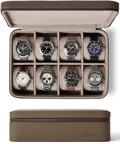 TAWBURY Watch Case 8 Slot Genuine TopGrain Leather Watch Box for Men Women with Extra Wide Pillows for Large Watches Portable Wristwatch Storage for Home Travel Taupe - Image 1