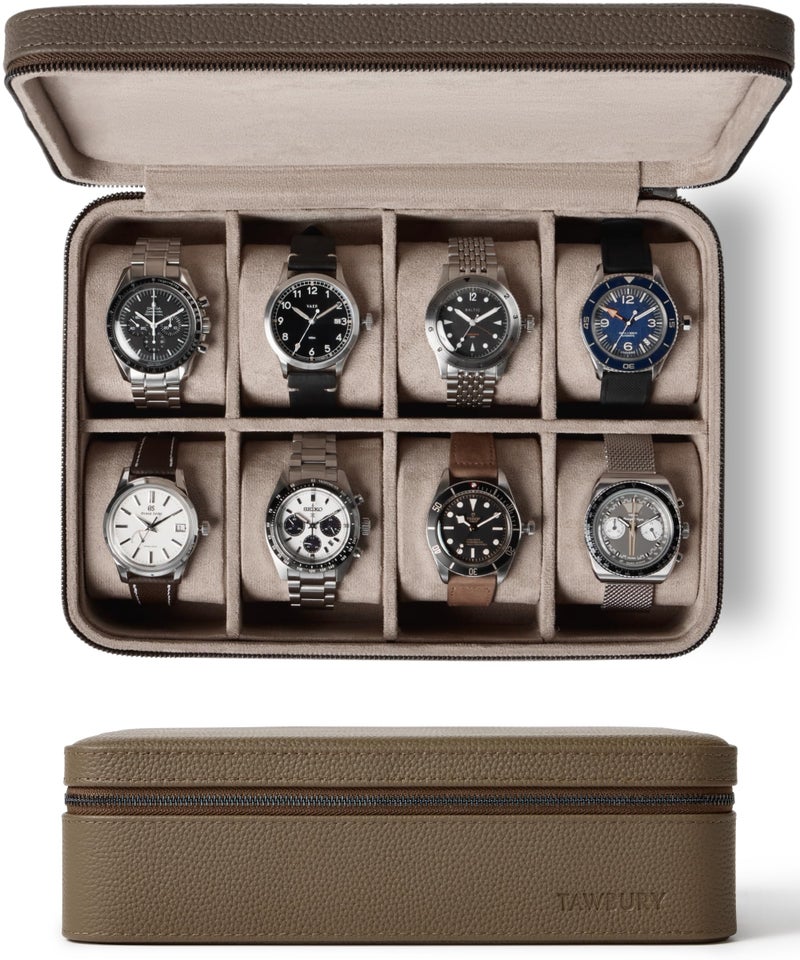 TAWBURY Watch Case 8 Slot Genuine TopGrain Leather Watch Box for Men Women with Extra Wide Pillows for Large Watches Portable Wristwatch Storage for Home Travel Taupe - Image 2