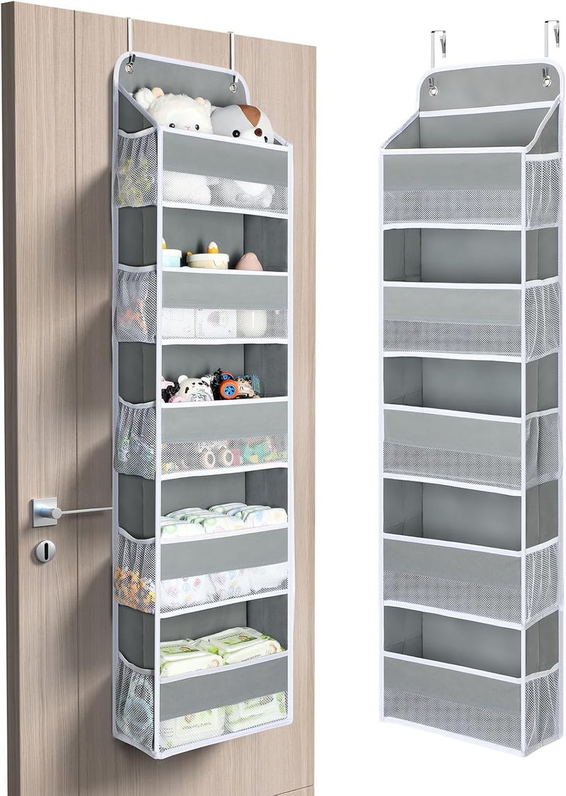 Yecaye 1 Pc Over the Door Organizer with 5 Bins 10 Side Pockets 44lbs Load Hanging Bathroom and Bedroom Organizer behind the Door Hanging Organizers for Nursery Newborn Baby Essential Stuff Grey - Image 1