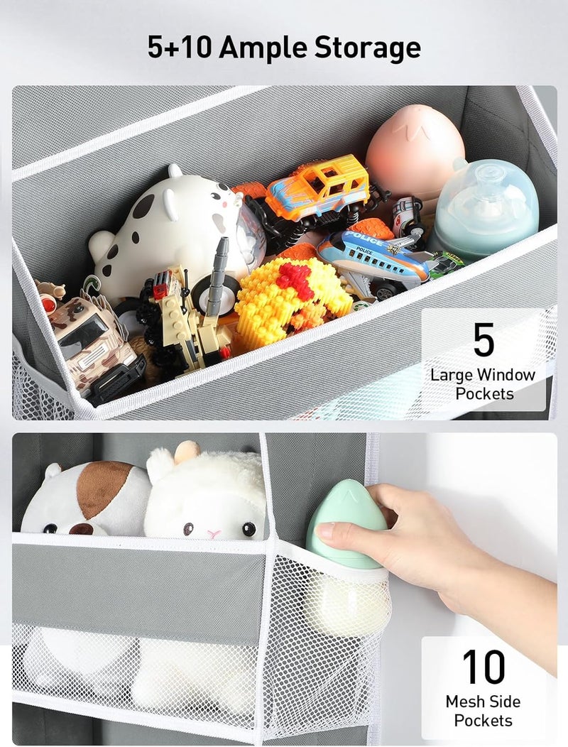 Yecaye 1 Pc Over the Door Organizer with 5 Bins 10 Side Pockets 44lbs Load Hanging Bathroom and Bedroom Organizer behind the Door Hanging Organizers for Nursery Newborn Baby Essential Stuff Grey - Image 5