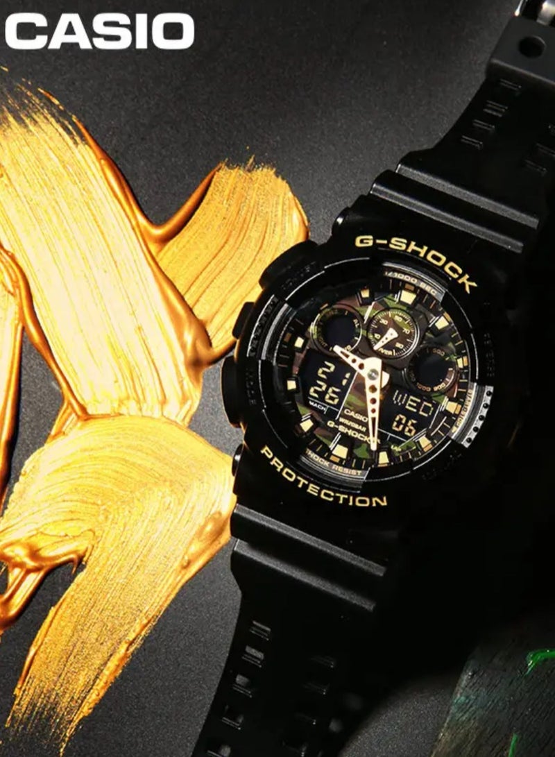 كاسيو ساعة كاسيو جي-شوك الرقمية الرجالية بمطاط - عقارب ذهبية - GA-100CF-1A9 - Image 4