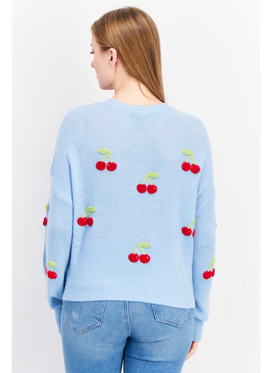 Aqua Women Ribbed Collar Crochet Sweater, Blue  - Image 2