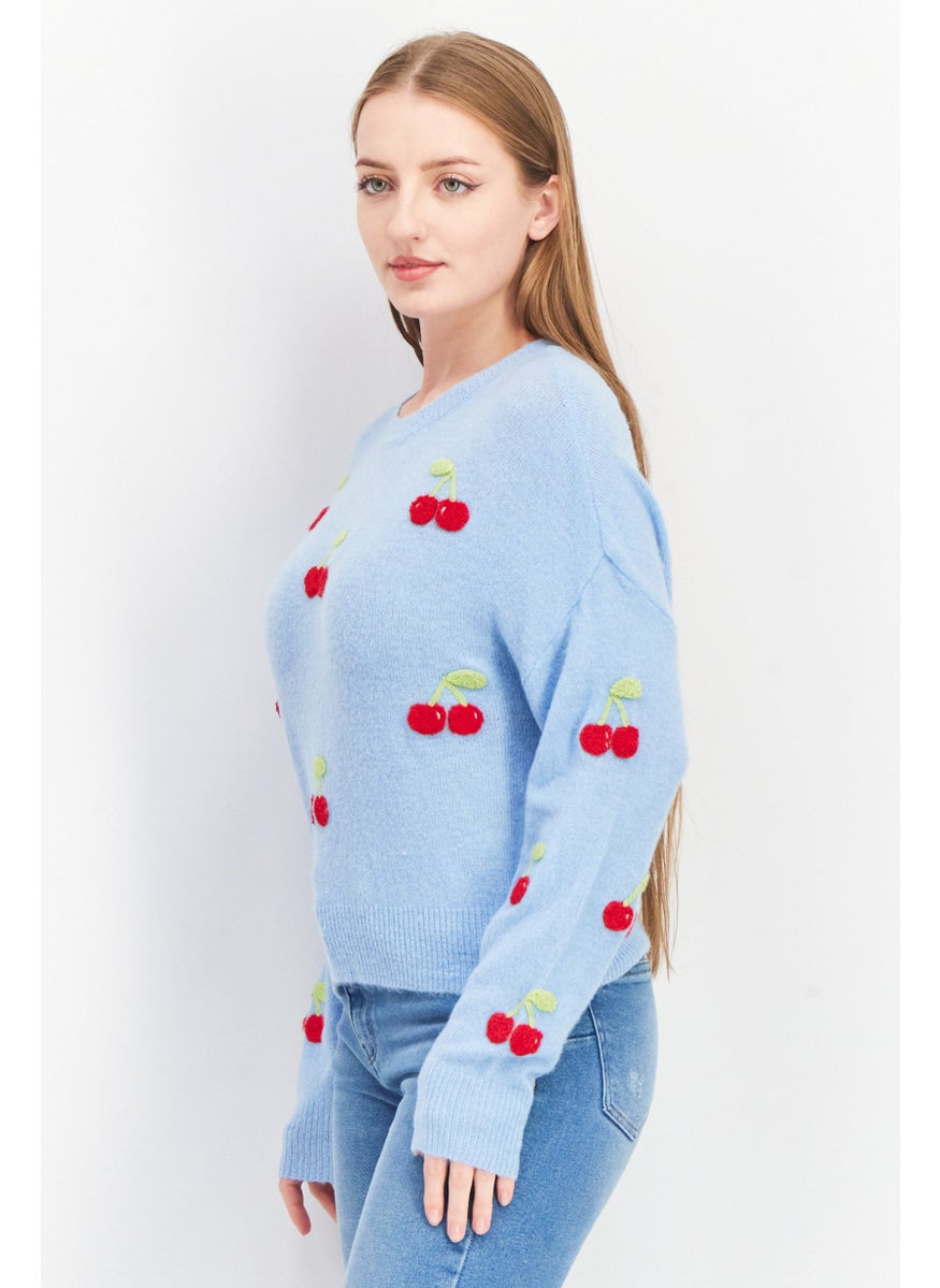 Aqua Women Ribbed Collar Crochet Sweater, Blue  - Image 4
