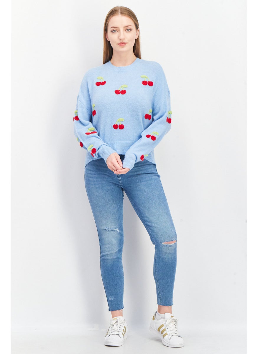 Aqua Women Ribbed Collar Crochet Sweater, Blue  - Image 3