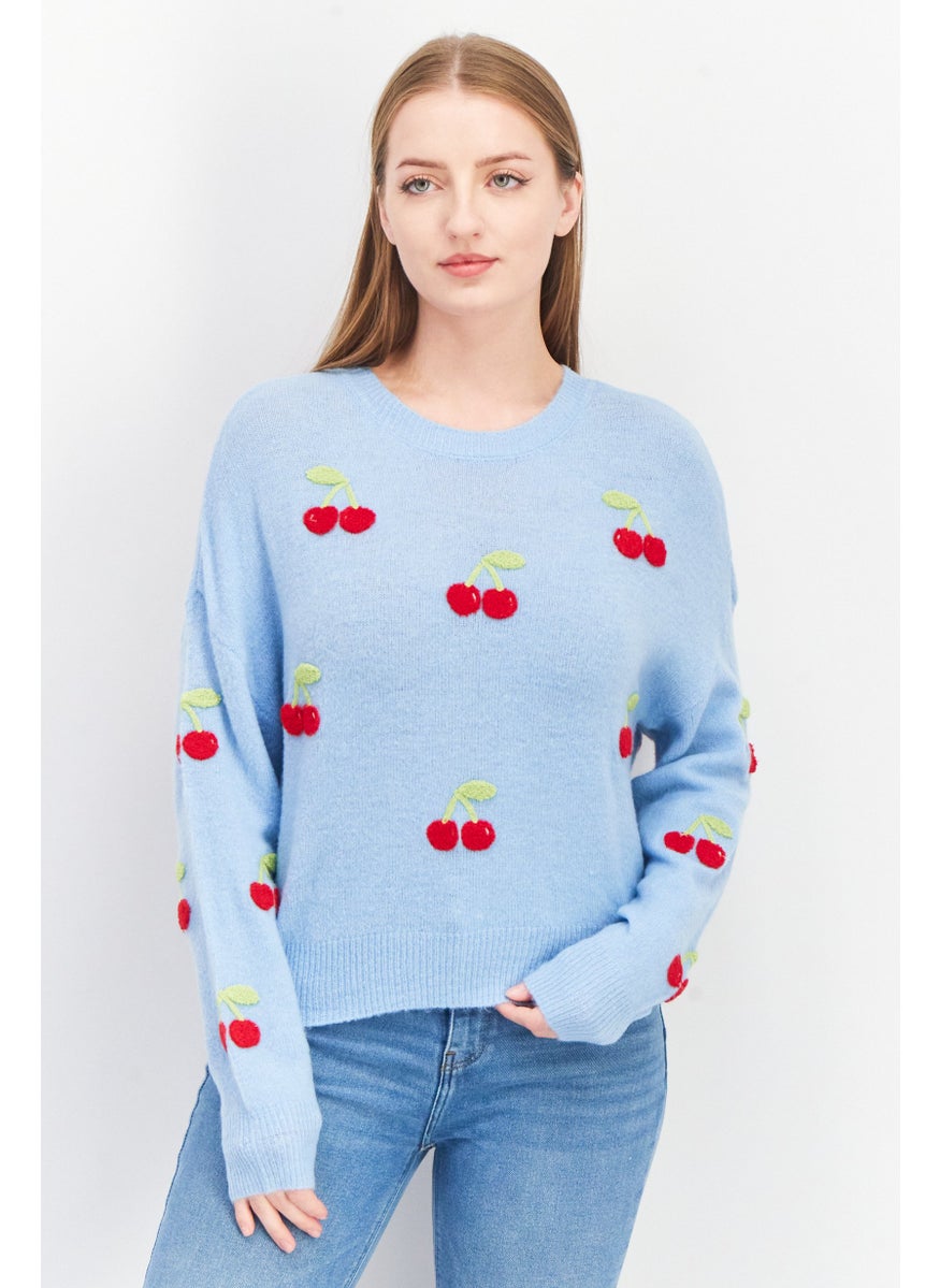 Aqua Women Ribbed Collar Crochet Sweater, Blue  - Image 1