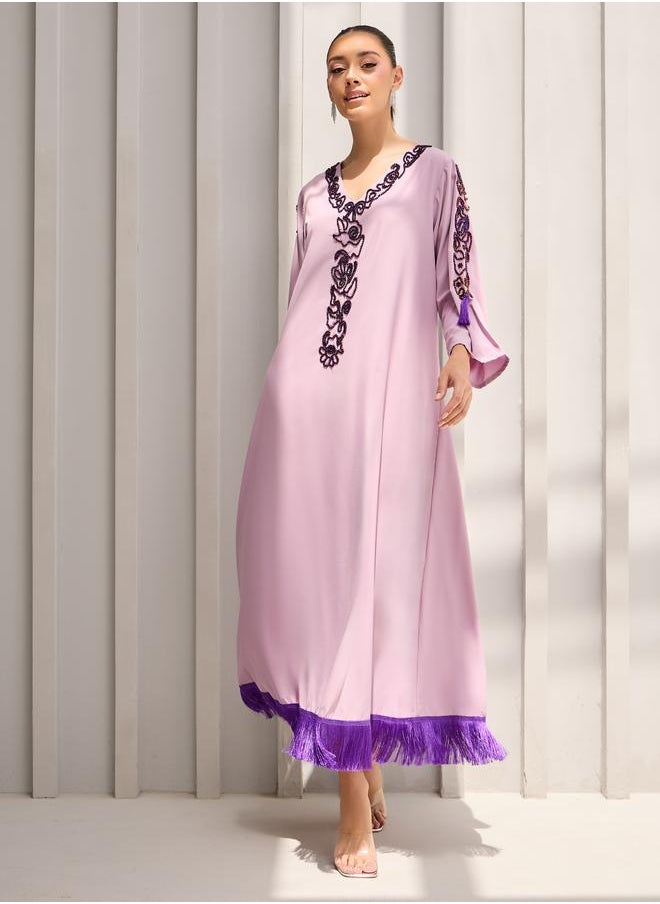 Styli - Bead Embroidered Fringe Hem Jalabiya - Image 1