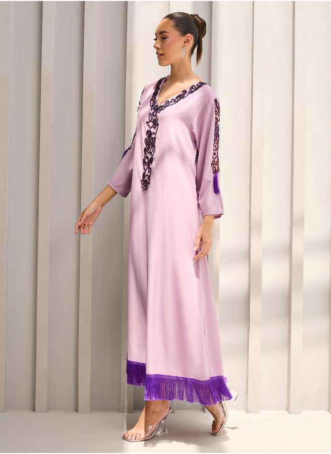 Styli - Bead Embroidered Fringe Hem Jalabiya - Image 1