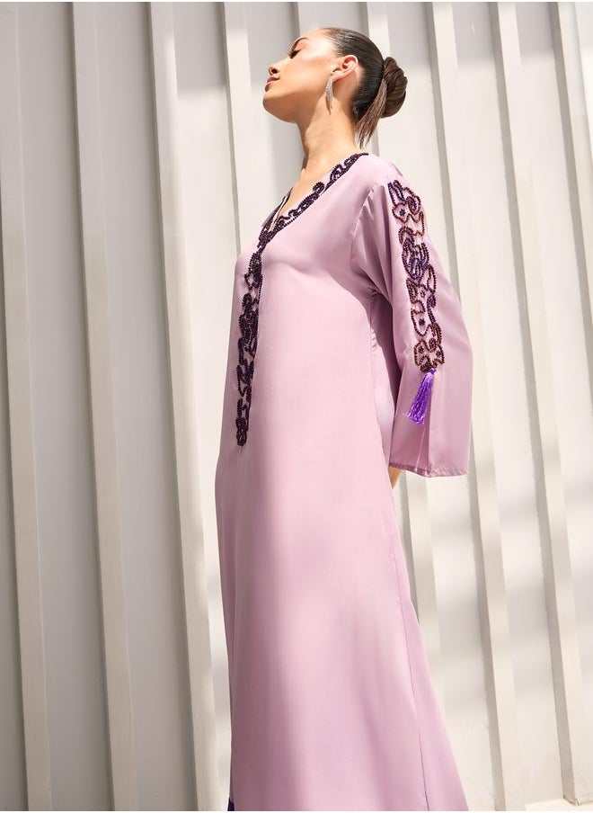 Styli - Bead Embroidered Fringe Hem Jalabiya - Image 1
