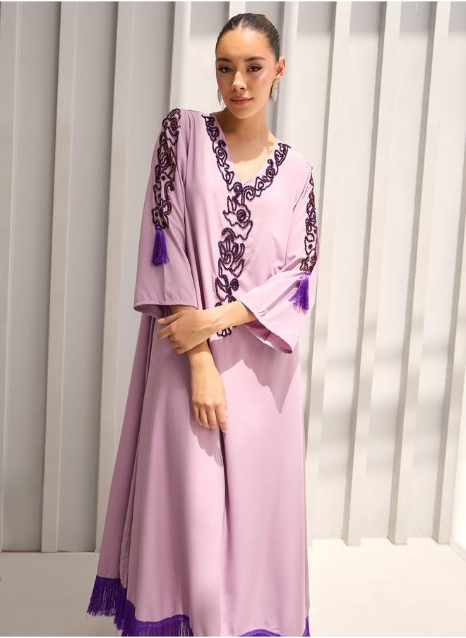 Styli - Bead Embroidered Fringe Hem Jalabiya - Image 1