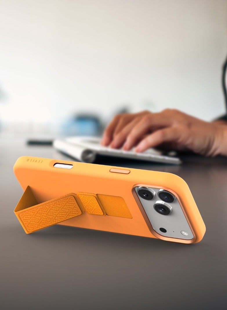 LEVELO iPhone 17 Pro Max Case Morphix Silicone With Leather Grip For Secure Hold / Shock-Resistant Bumper / Slim Fit Design Back Cover / Raised Bezels For Camera & Screen / Liquid Silicone Comfort / Raised Edge - Orange - Image 5