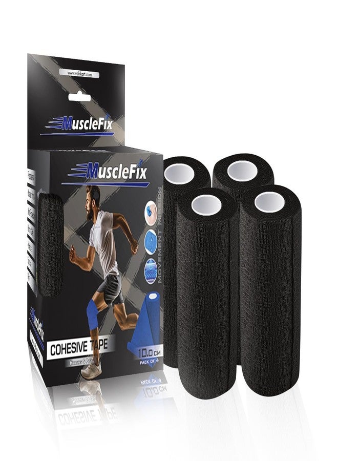 MuscleFix® Self Adhesive Cohesive Bandage Wrap 10cm (4.5m) - Breathable Non Woven Athletic Sports Tape for Wrist, Ankle, Swelling & First Aid Medical Use | Flexible & Sweat Resistant | Pack of 4 (Black) - Image 1
