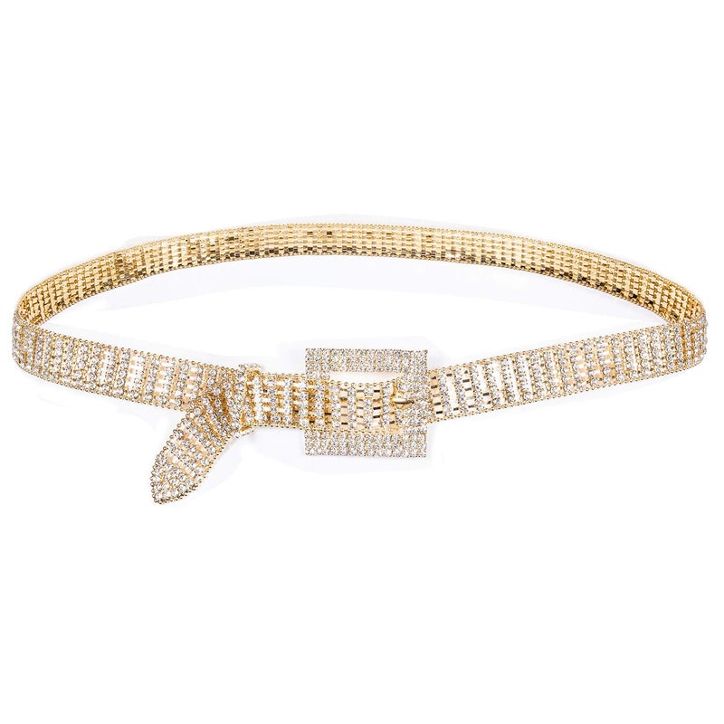 Dubulle Women Diamond Waist Belt with Shiny Rhinestone Sexy Chain Crystal Sashes Wedding Belt Bling Bridesmaid (Gold) - Image 1