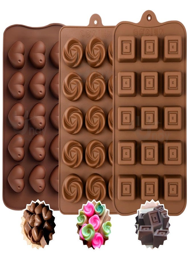 Undy Chocolate Mould Silicone Swirl Rose Heart Square Shape Chocolate Mould for Chocolate Making Multipurpose Jelly Ice Cubes Cake Decoration Tools, 3 PCS, Brown - Image 1