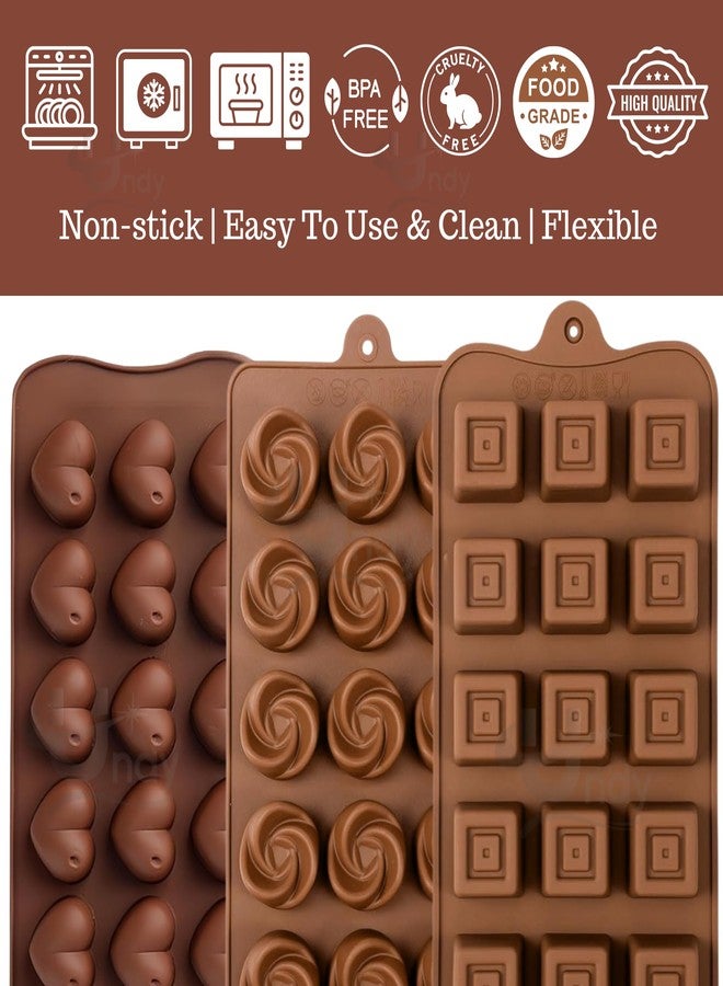 Undy Chocolate Mould Silicone Swirl Rose Heart Square Shape Chocolate Mould for Chocolate Making Multipurpose Jelly Ice Cubes Cake Decoration Tools, 3 PCS, Brown - Image 3