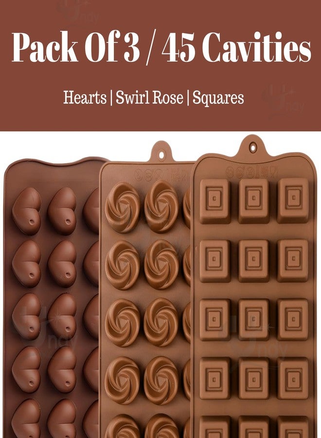 Undy Chocolate Mould Silicone Swirl Rose Heart Square Shape Chocolate Mould for Chocolate Making Multipurpose Jelly Ice Cubes Cake Decoration Tools, 3 PCS, Brown - Image 2