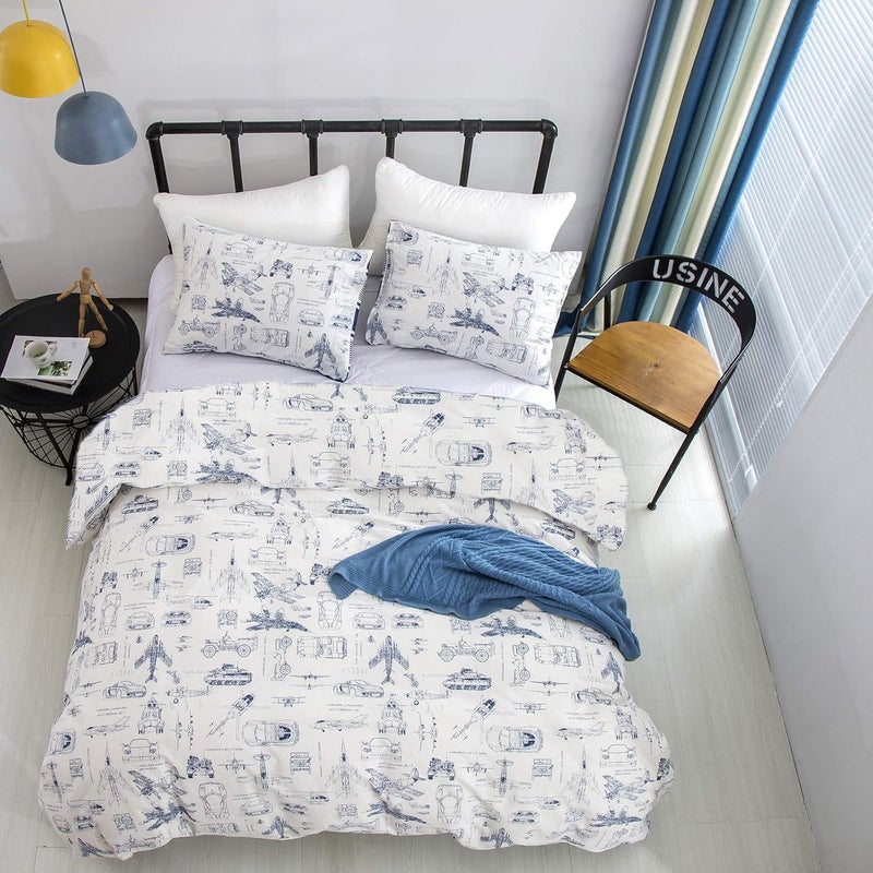 CLOTHKNOW Kids Twin Duvet Cover Sets Traffic Cartoon Bedding Duvet Covers Sets Cars Aircraft Tank Vehicles Duvet Cover with 2 Pillow Cases - Image 4
