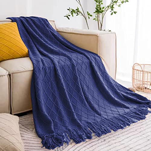 inhand Navy Blue Throw Blanket for Couch and Bed, Soft Living Room Home Decor Knitted Blanket with Tassel, Outdoor Lightweight Breathable Summer Blanket, Farmhouse Warm Woven Decorative, 50"x60" - Image 1