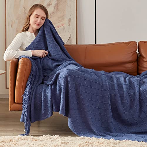 inhand Navy Blue Throw Blanket for Couch and Bed, Soft Living Room Home Decor Knitted Blanket with Tassel, Outdoor Lightweight Breathable Summer Blanket, Farmhouse Warm Woven Decorative, 50"x60" - Image 2