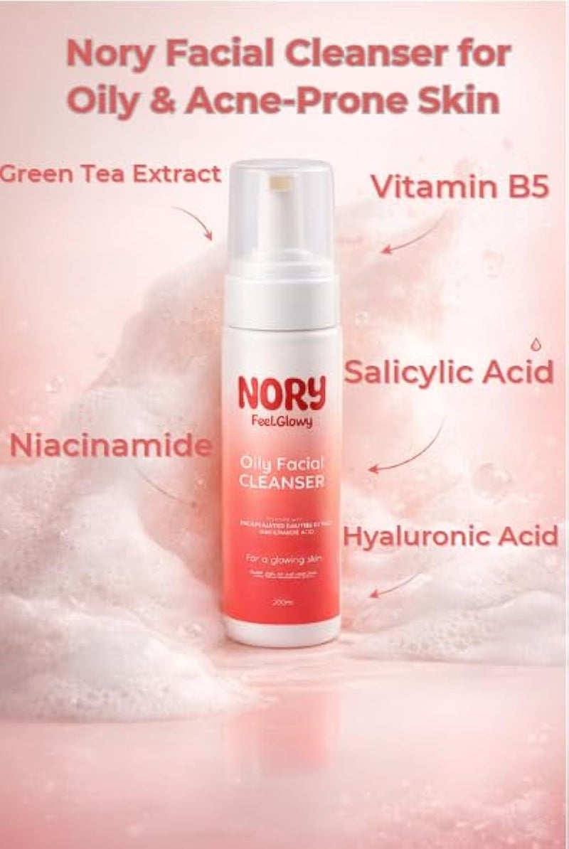 NORY Oily Facial Cleanser with Salicylic Acid, Niacinamide, Green Tea and Hyaluronic Acid, 200ml - Image 4
