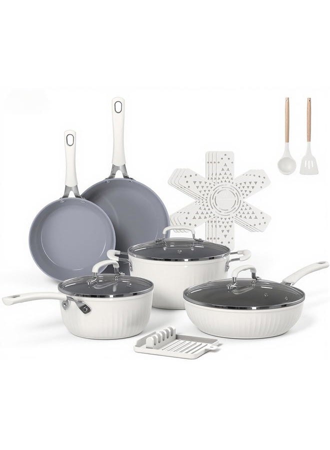 Ammeloo 15-Piece Ribbed Ceramic Cookware Set, Pots and Pans Set Non Stick, Induction Ready, Healthy Non Toxic Kitchen Cooking Set PFAS/PFOA/PTFE-Free, Silicone-wrapped Stay-Cool Handle - Image 1