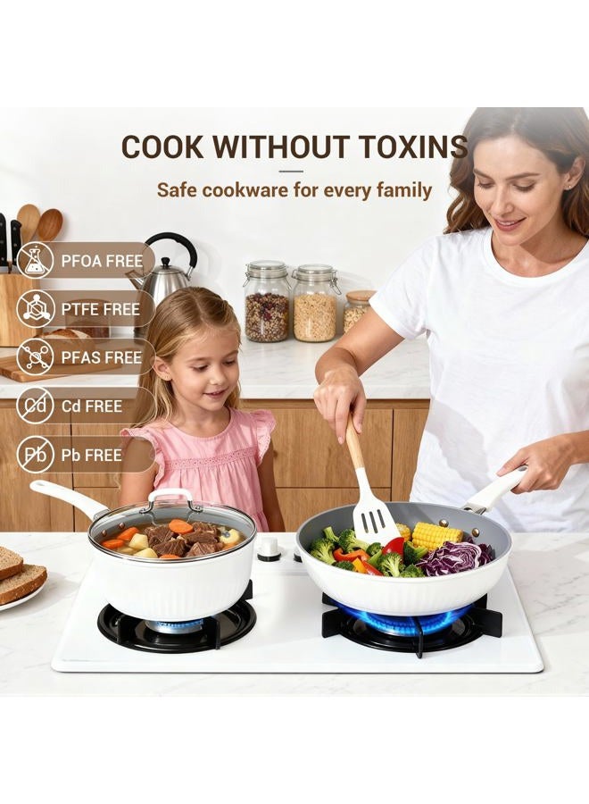 Ammeloo 15-Piece Ribbed Ceramic Cookware Set, Pots and Pans Set Non Stick, Induction Ready, Healthy Non Toxic Kitchen Cooking Set PFAS/PFOA/PTFE-Free, Silicone-wrapped Stay-Cool Handle - Image 2