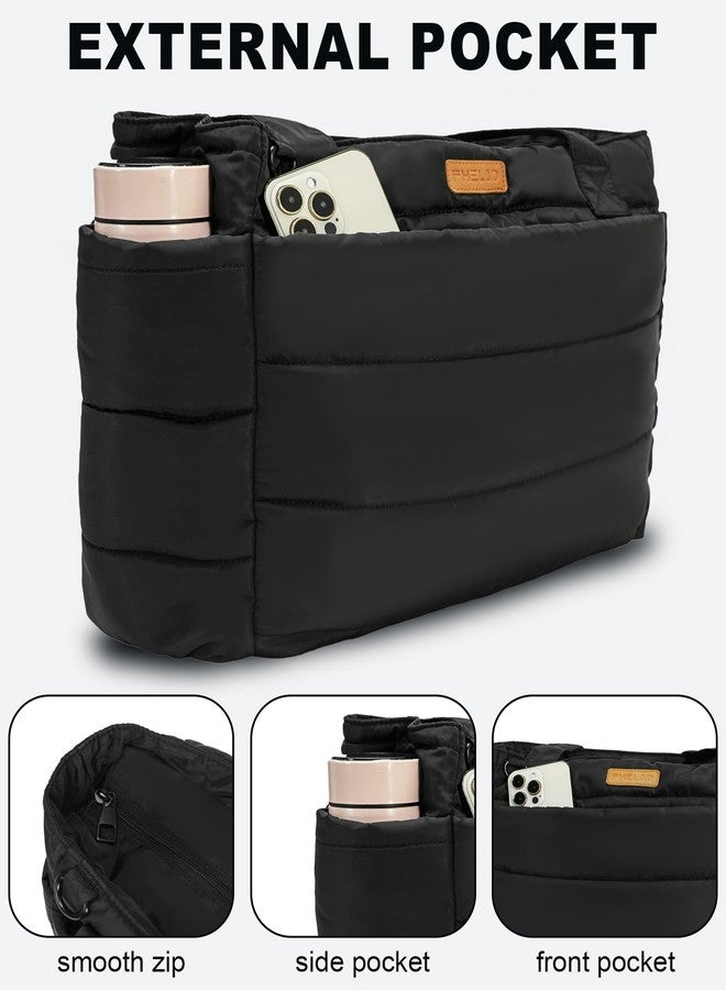 FHELAD Tote Bag for Women, Quilted Puffer Work Bag for Nurse with 16" Laptop Pocket, Puffy Travel Shoulder Bag for School Gym (Black Tote Bag) - Image 3
