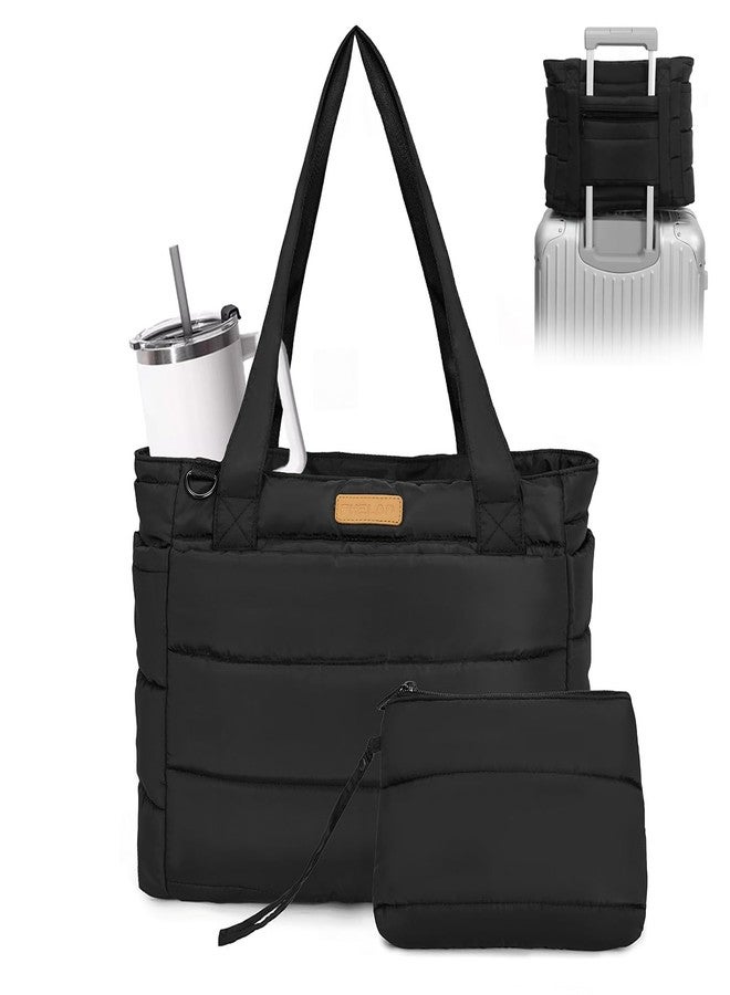 FHELAD Tote Bag for Women, Quilted Puffer Work Bag for Nurse with 16" Laptop Pocket, Puffy Travel Shoulder Bag for School Gym (Black Tote Bag) - Image 1