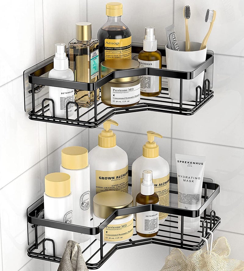 RD ENTERPRISES Premium Metal Corner Wall Mount Shelves,Multi-Purpose Self Adhesive/Steel Wire Shelf for Bathroom/Kitchen with Magic Stickers,Storage Accessories-Powder Coated,Black[Set-1 Pcs of 2]  - Image 5
