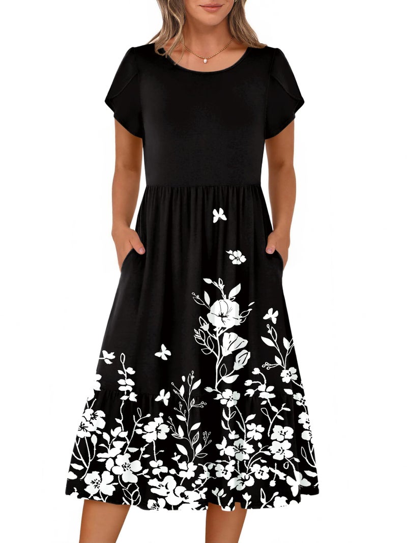 HOTOUCH Short Sleeve Dress Women Summer Dresses for Women 2026 Vacation Shift Dress Sundresses for Women Over 50 Loose Fitting Dresses Black Floral M - Image 1