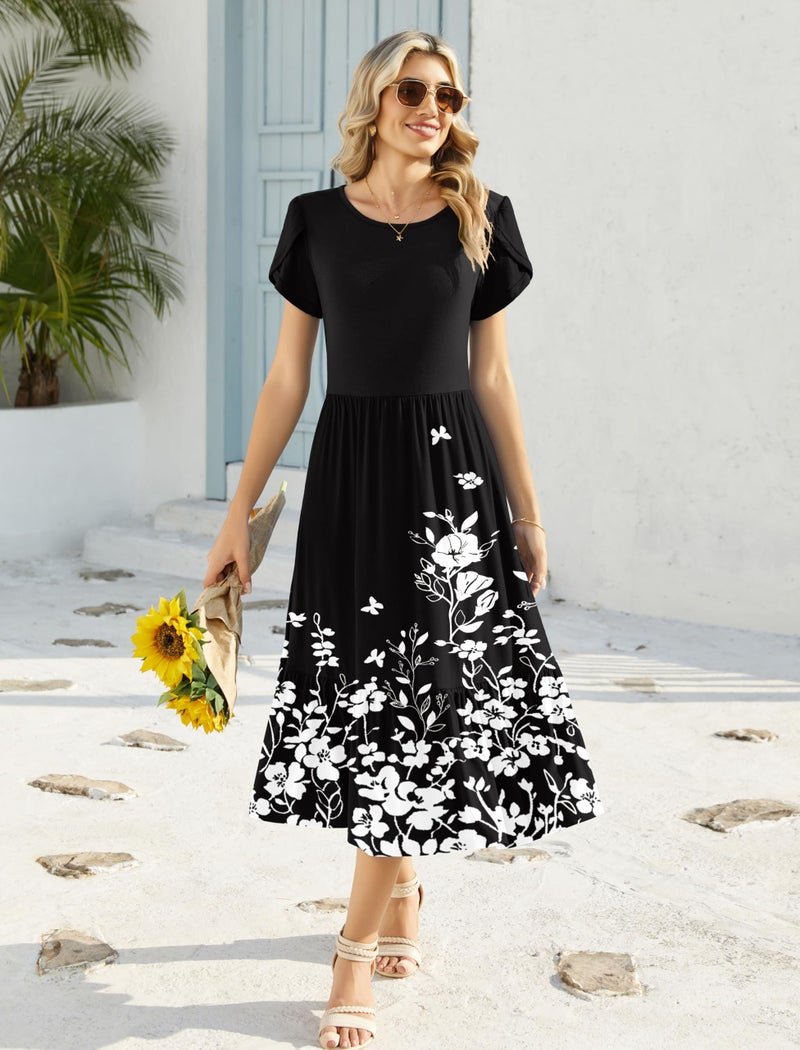 HOTOUCH Short Sleeve Dress Women Summer Dresses for Women 2026 Vacation Shift Dress Sundresses for Women Over 50 Loose Fitting Dresses Black Floral M - Image 4