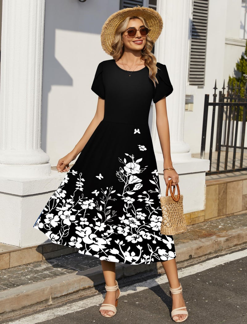 HOTOUCH Short Sleeve Dress Women Summer Dresses for Women 2026 Vacation Shift Dress Sundresses for Women Over 50 Loose Fitting Dresses Black Floral M - Image 2